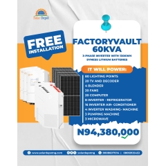 -------FactoryVault Package-------- 60kVA 3Phase Inverter  130KWH Lithium  Battery  160 x 565W Solar Panels Roof Rack Thunder Arrestor Cables